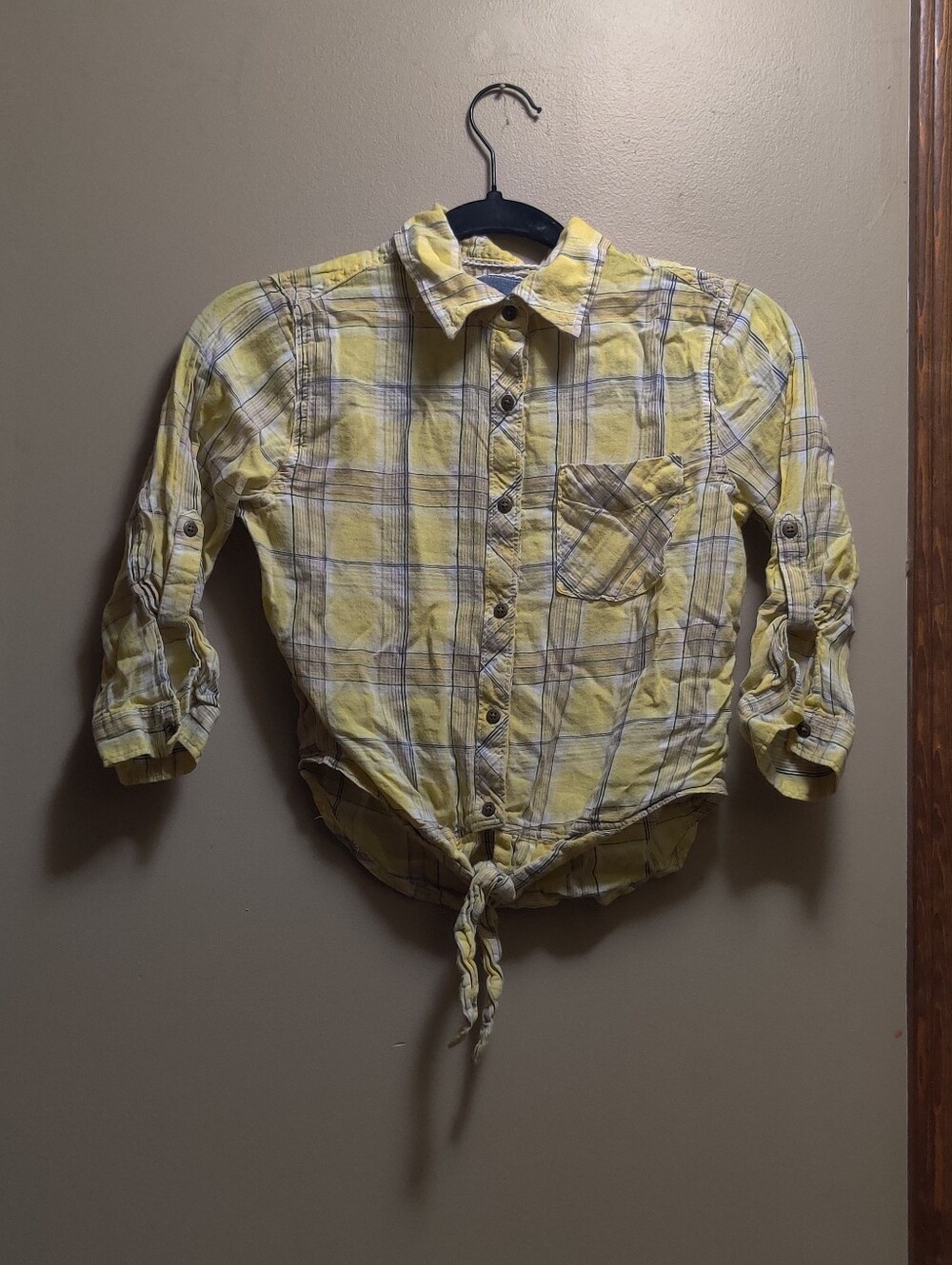 Arizona Jean Co Yellow Plaid Tie Front Crop Button Up Shirt Size Small